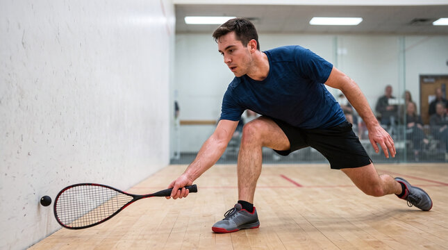 Male athletic squash player lunging to hit a low drop shot on indoor court