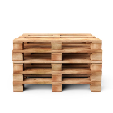 A stack of wooden pallets sits on a png transparent. The pallets are neatly stacked, showcasing their natural wood grain and construction.