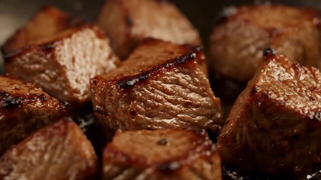Sizzling macro shot of juicy, caramelized beef cubes searing on a hot skillet. Close-up view of cooking steak bites for gourmet dinner preparation.