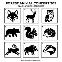 Fototapeta premium Forest Animals Icon Set: Fox, Deer, Owl, Bear, Squirrel, Hedgehog, Rabbit, Boar, Badger