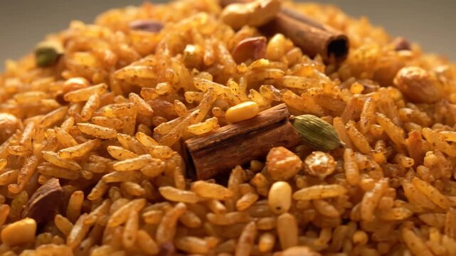 Extreme Close-up of Spicy Indian Chivda Mixture Featuring Puffed Rice, Nuts, Chickpeas, and Aromatic Whole Spices Like Cardamom and Cinnamon Sticks