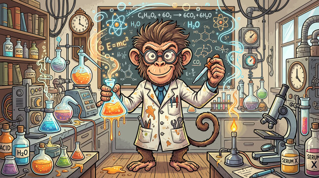 Funny Monkey Scientist in Lab Coat with Flasks and Beakers