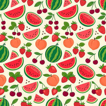 Seamless summer fruit pattern with watermelons, strawberries, peaches and cherries, cheerful hand-drawn graphic style, clean vector illustration, no text