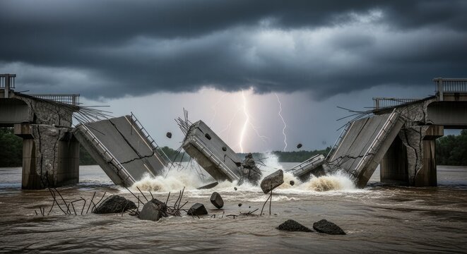 A massive flood surges through a concrete bridge, causing it to collapse dramatically.