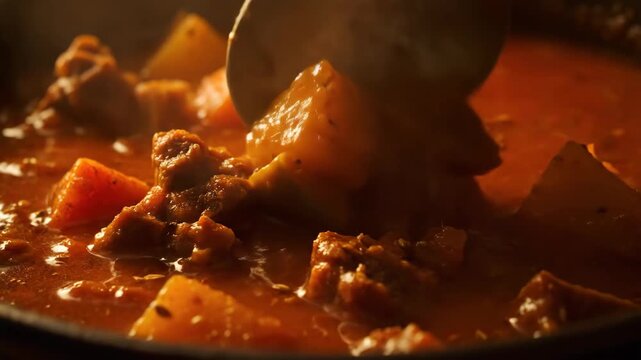 Close-up of richly colored, hot meat and potato stew simmering in a cooking pot, featuring chunks of savory protein and vegetables in a thick, spicy red sauce.