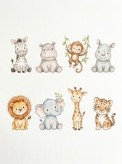 Fototapeta premium Watercolor Safari Baby Animals Set - Cute Lion Elephant Giraffe Zebra Tiger Hippo Monkey Rhino Illustrations for Nursery