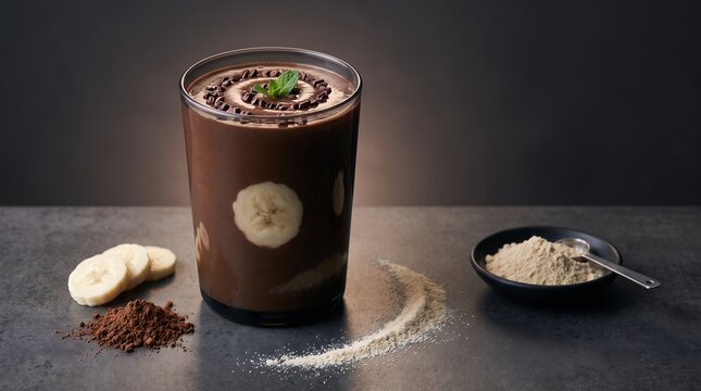 Guar Protein Cacao Smoothie &ndash; Dark Chocolate Plant Protein Drink with Cacao Nib Spiral and Banana on Concrete
