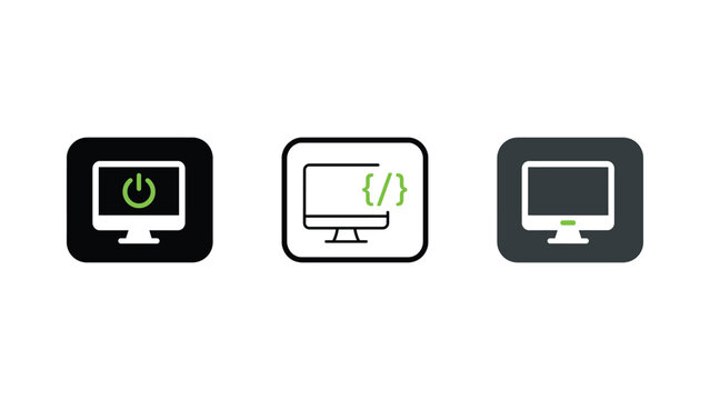 Computer Monitor Power Button and Code Screen Vector Icon Set