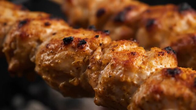 Extreme close-up of appetizing grilled chicken skewers (shish kebab) with golden brown seasoning and char marks cooking over hot coals or BBQ.