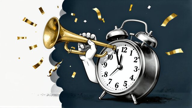 Hand blows trumpet beside alarm clock, golden confetti celebrates time's passage.