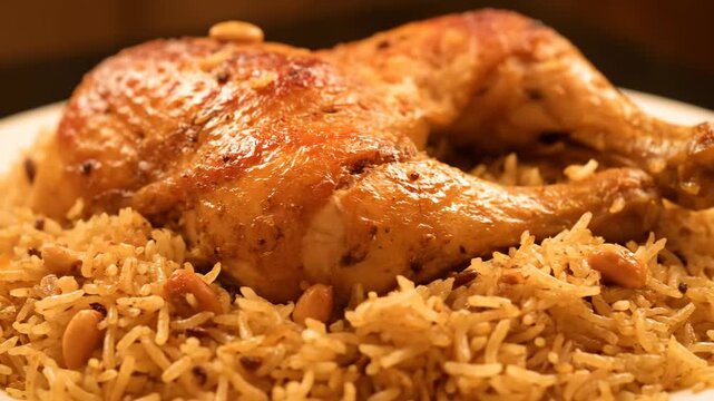 Delicious Middle Eastern Roasted Chicken Piece Served on a Bed of Savory, Spiced Rice (Mandi or Kabsa Style) Garnished with Crunchy Pine Nuts