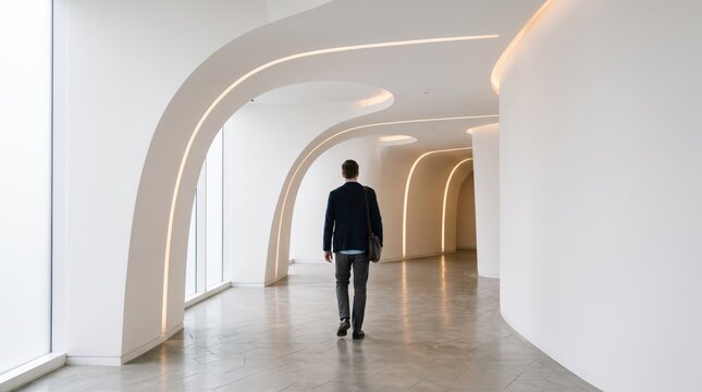 Man walking through futuristic white arched corridor hallway with soft lighting, exploring modern minimalist architecture interior design space, businessman traveling forward into