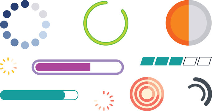 Digital Loading Progress Bar and Preloader Vector Icon Set Featuring Circular Spinners Status Indicators Buffering Animations and Software UI Design Graphics