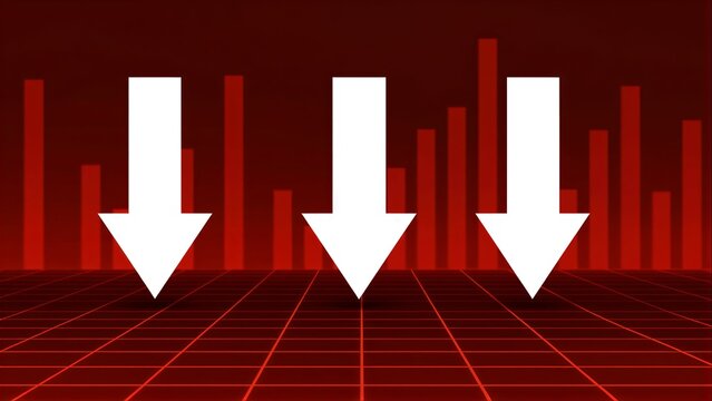 Three white arrows point downward on a red grid with bar graph background.