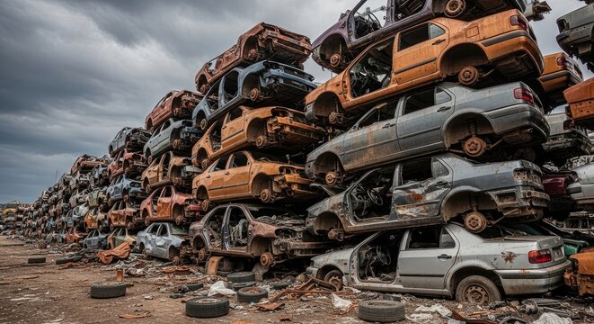 A massive pile of wrecked cars dominates the scene, creating a towering stack of rusted vehicles.