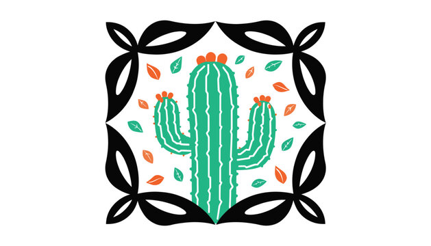cactus plant with flowers and leaves in black square frame