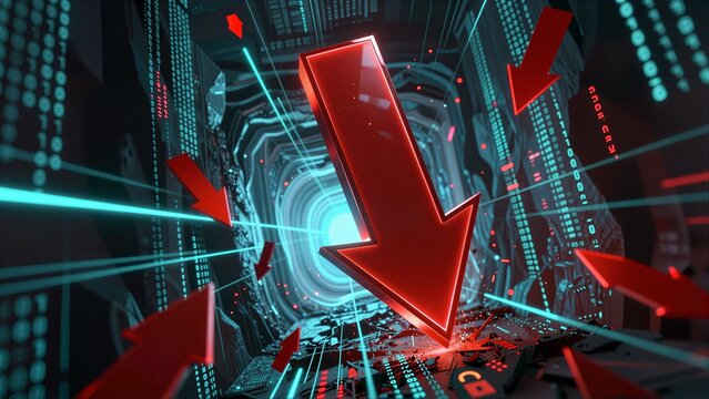 Red arrow plunges through digital data, symbolizing tech decline and cybersecurity threats.