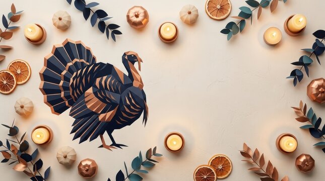 Geometric low poly turkey illustration surrounded by autumn decorations like candles, dried orange slices, and leaves on a textured beige background