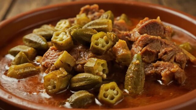 Delicious Okra and Meat Stew (Bamia or Bameya) in a Rich Tomato Sauce Served in a Traditional Earthenware Bowl. Mediterranean and Middle Eastern Cuisine Close-Up.