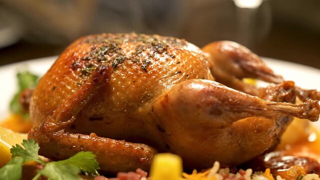 Close-up of a perfectly roasted quail or game hen garnished with fresh rosemary and thyme, served hot with lemon wedges on a fine dining plate.