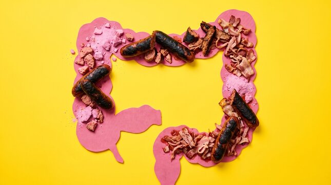Abstract pink colon illustration with parasites and feces on yellow background.