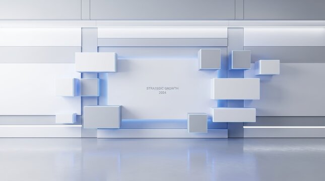 Abstract of white geometric cubes and rectangles on wall with blue neon light accents, futuristic architectural, strategic growth visualization, clean minimal corporate texture