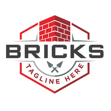 Masonry brick wall with trowel for construction logo 
