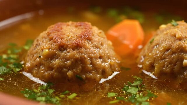 Extreme Close-up of a Hearty Meatball in Savory Broth Garnished with Parsley and Carrots, Classic Comfort Food Soup Served Hot