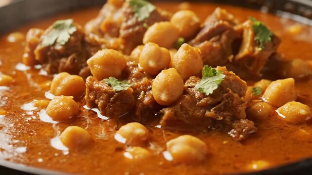Close-up of hearty and savory chickpea and meat curry (chana gosht) in a bowl, garnished with fresh coriander, showcasing the rich texture and vibrant colors of the dish.