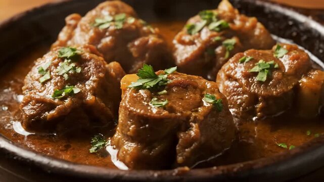 Close-up of traditional beef stew or braised meat cuts (Osso Buco style) simmering in rich brown gravy sauce, garnished with fresh parsley, served in a rustic earthenware dish.