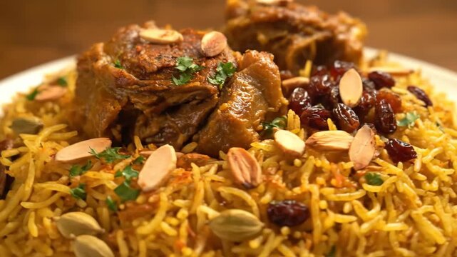 Rich and Flavorful Lamb Mandi or Biryani Rice Dish served on a plate, garnished with toasted almonds, cilantro, and whole spices, showcasing Middle Eastern or Indian cuisine.