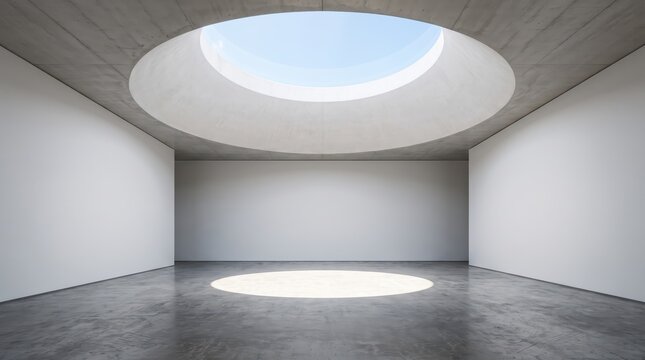 Minimalist concrete room interior featuring a large circular skylight casting natural light onto the floor, creating a dramatic shadow and bright spot in an empty modern