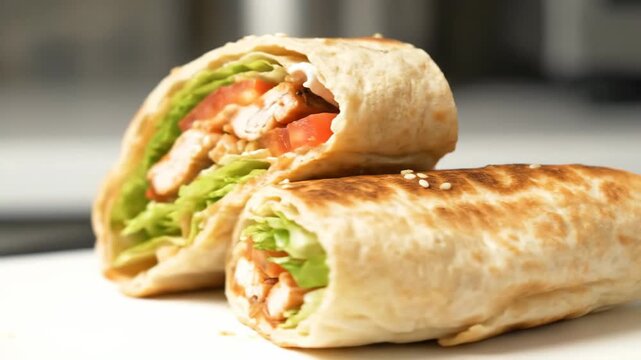 Close-up of a delicious savory wrap cut in half, showcasing crispy golden flatbread filled with sliced grilled chicken, fresh lettuce, and tomatoes.