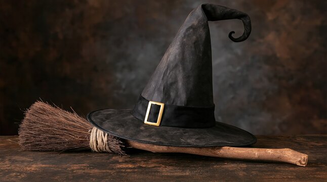 Witch hat and wooden broomstick on a rustic dark wood table for a spooky halloween magic fantasy sorcery costume