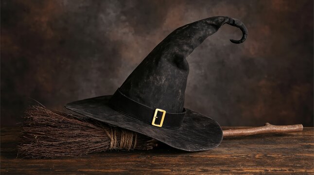 Witch hat and rustic broomstick for spooky halloween celebration with mystical magic fantasy sorcery in october