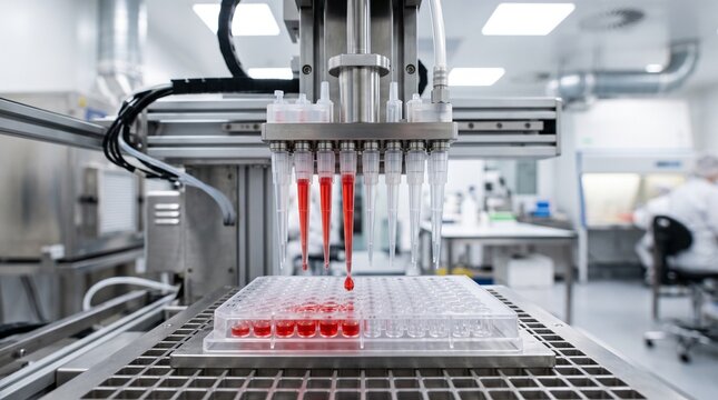 Automated liquid handling robot in modern pharmaceutical laboratory environment.