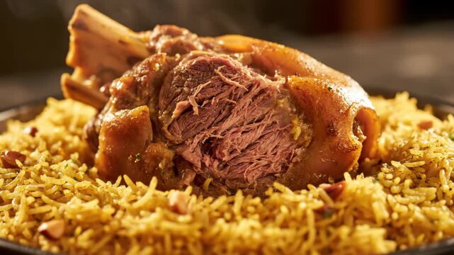 Close-up of hot and steaming slow-cooked lamb or mutton shank served on a bed of traditional Middle Eastern seasoned yellow rice, highlighting the juicy, tender pulled meat fibers.