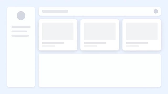 Minimalist Modern Web Dashboard User Interface Wireframe with Mouse Cursor Hovering Over Content Cards