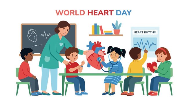 World Heart Day: Children Learn About Heart Health with Teacher and Anatomical Model