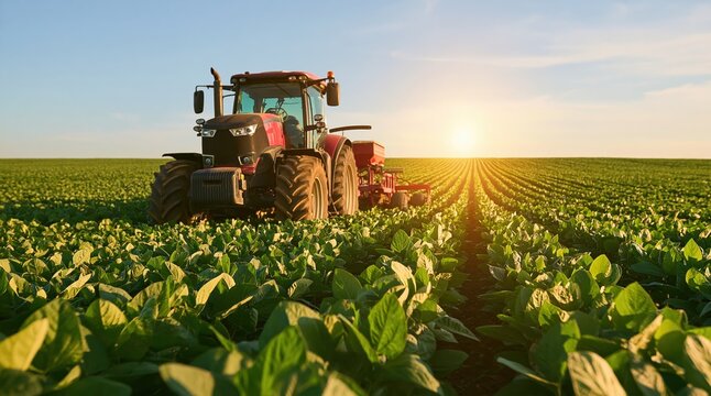 Agriculture tractor working in a vast green soybean field during a beautiful golden sunset for rural farm harvest