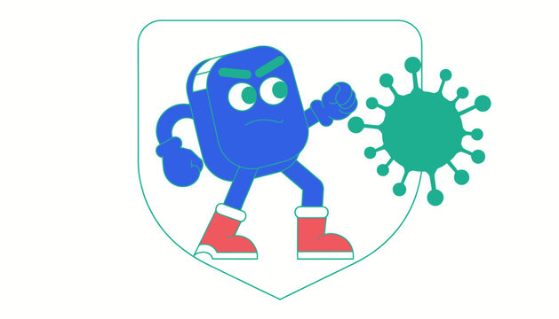 Cartoon virus fighter character with shield