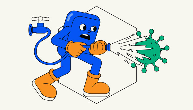 Cartoon water bottle fights green virus with spray