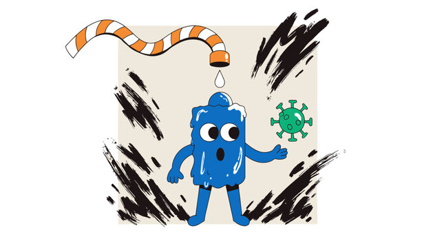 Cartoon water drop character avoiding virus
