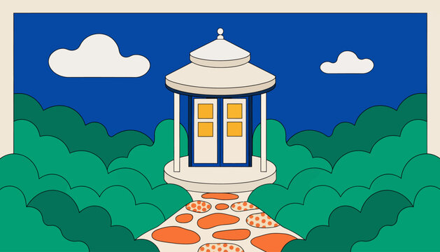 cartoon white gazebo with blue trim and orange path