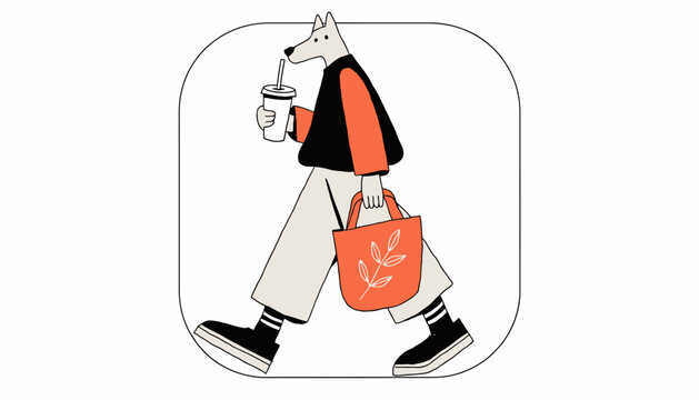 cartoon wolf walking with coffee cup and shopping bag