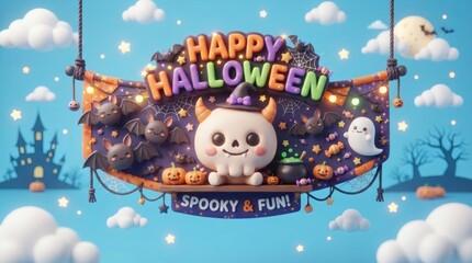 Naklejka premium Cute 3D Halloween Banner Sky Blue Background Round Skull Character Wide Eyes Tiny Fangs Floating Bats Happy Halloween Text