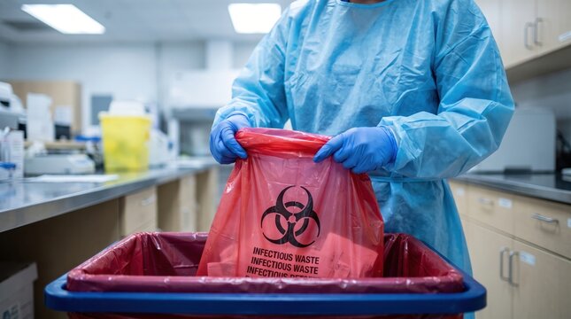 Close up view of a medical worker placing a red biohazard waste bag into a safety container inside a hospital lab.