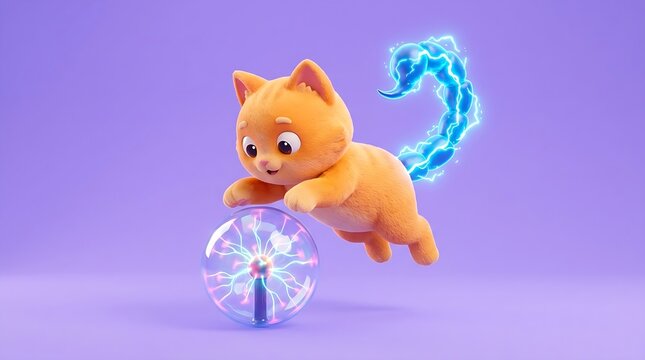 Orange 3d cat with electric scorpion tail pouncing on plasma ball