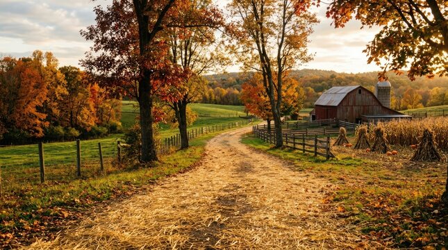 The image captures a picturesque autumn landscape featuring a rustic red barn nestled in a rolling valley.