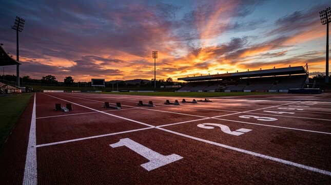 A dramatic photograph captures an outdoor running track at sunrise. The track is marked with white lane numbers, prominently displaying the number '1'.